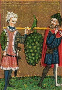 Die Kundschafter mit der Traube (Num 13) - Heidelberger Armenbibel, um 1430